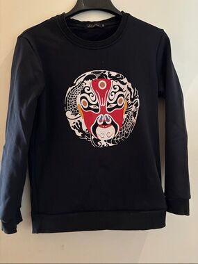Liang Kuan kabuki style black Graphic Sweatshirt with Red & White Mask Motif